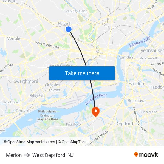 Merion to West Deptford, NJ map