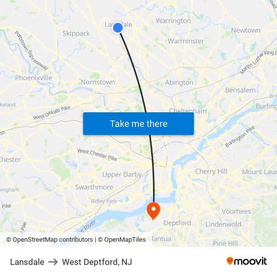 Lansdale to West Deptford, NJ map