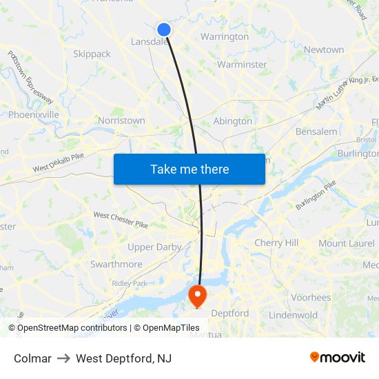 Colmar to West Deptford, NJ map