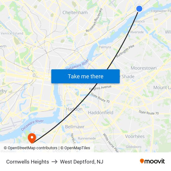 Cornwells Heights to West Deptford, NJ map