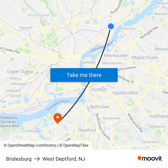 Bridesburg to West Deptford, NJ map