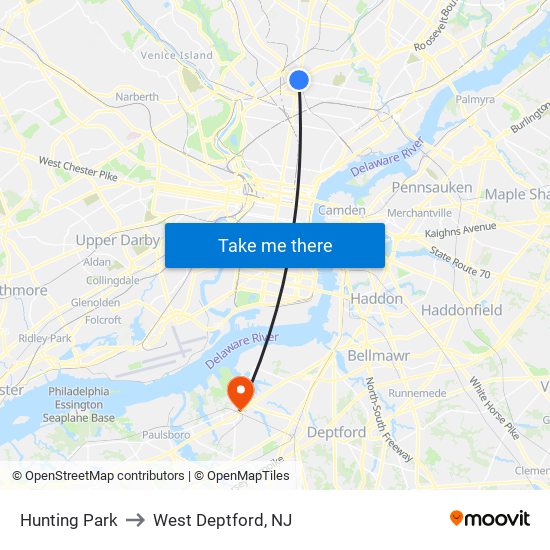 Hunting Park to West Deptford, NJ map
