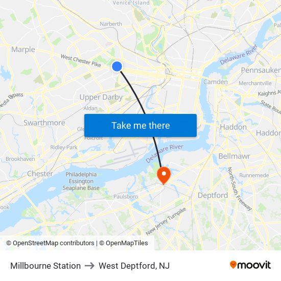 Millbourne Station to West Deptford, NJ map