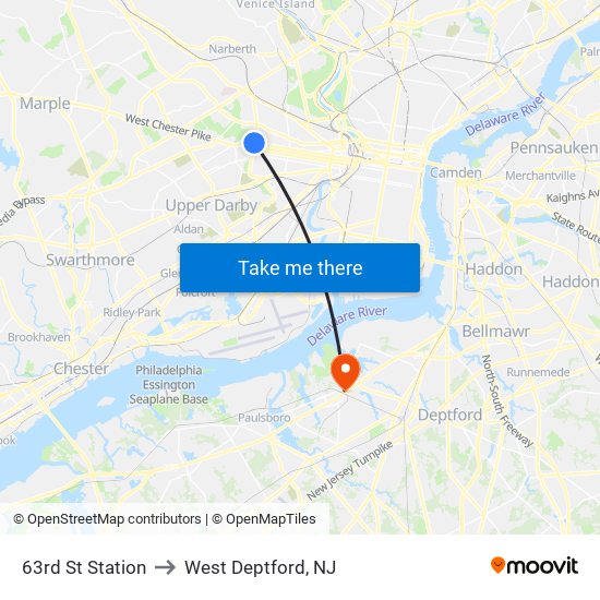 63rd St Station to West Deptford, NJ map
