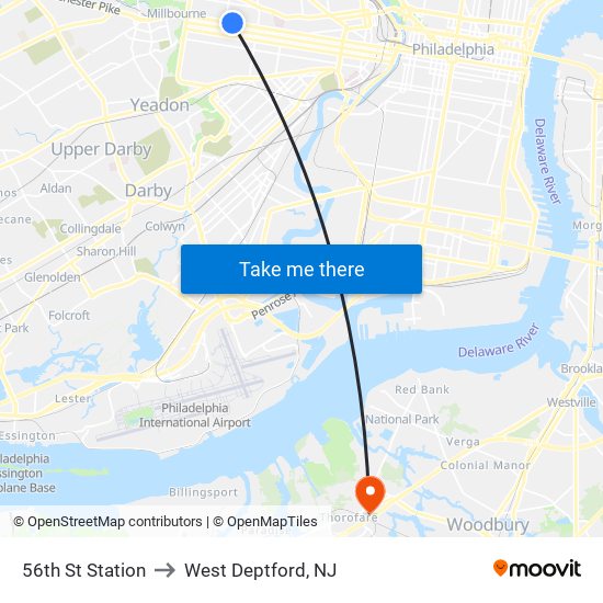 56th St Station to West Deptford, NJ map