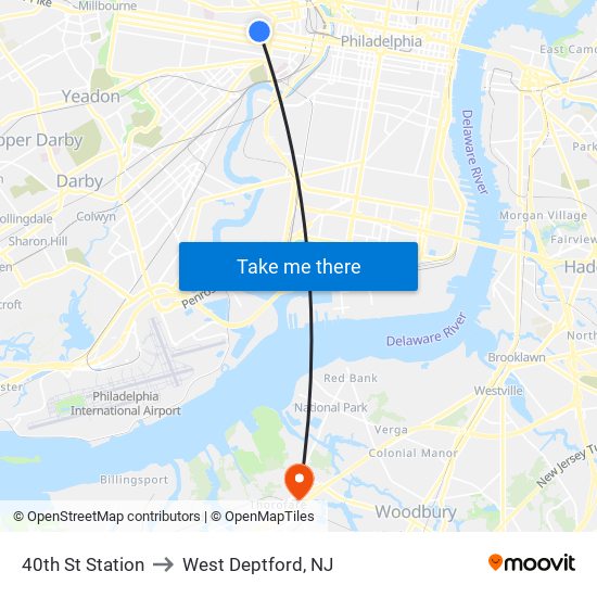 40th St Station to West Deptford, NJ map