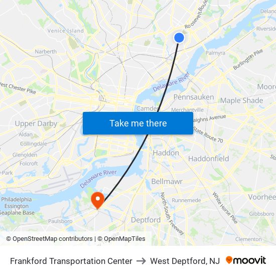 Frankford Transportation Center to West Deptford, NJ map