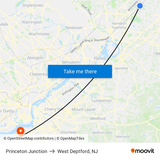 Princeton Junction to West Deptford, NJ map