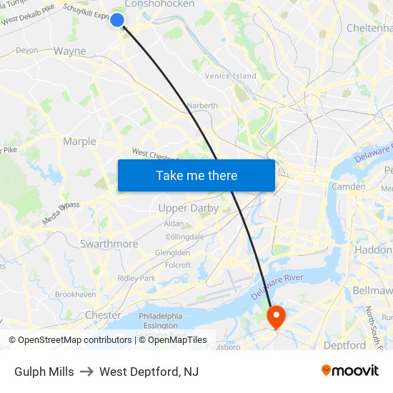 Gulph Mills to West Deptford, NJ map