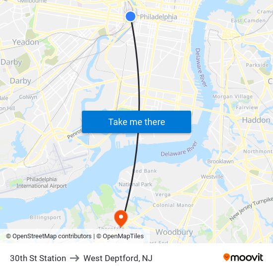 30th St Station to West Deptford, NJ map