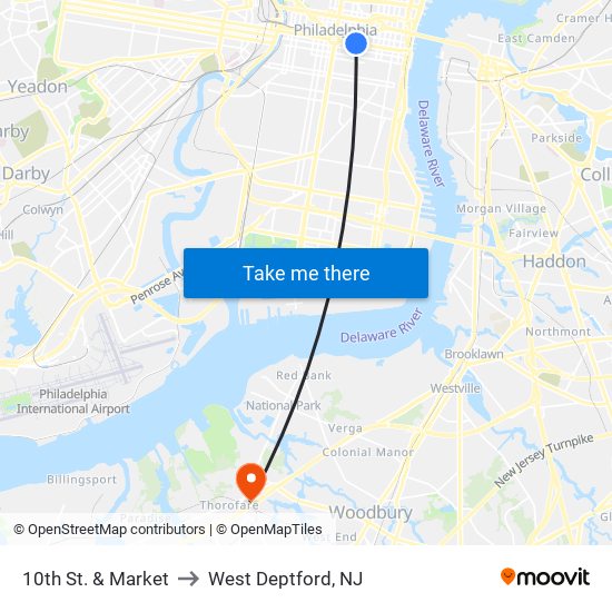 10th St. & Market to West Deptford, NJ map