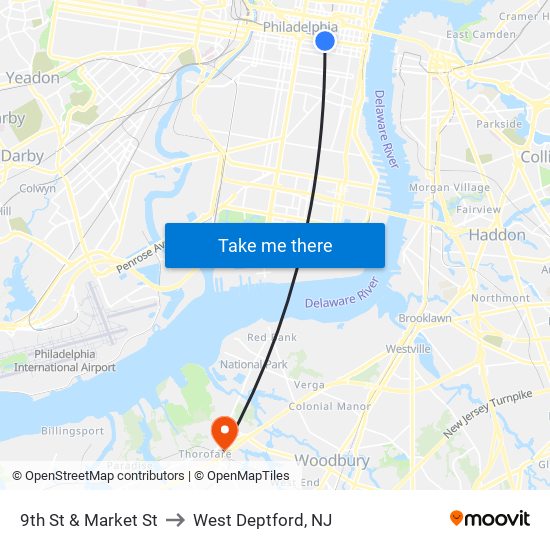 9th St & Market St to West Deptford, NJ map