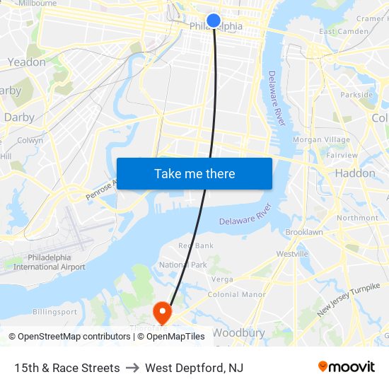 15th & Race Streets to West Deptford, NJ map