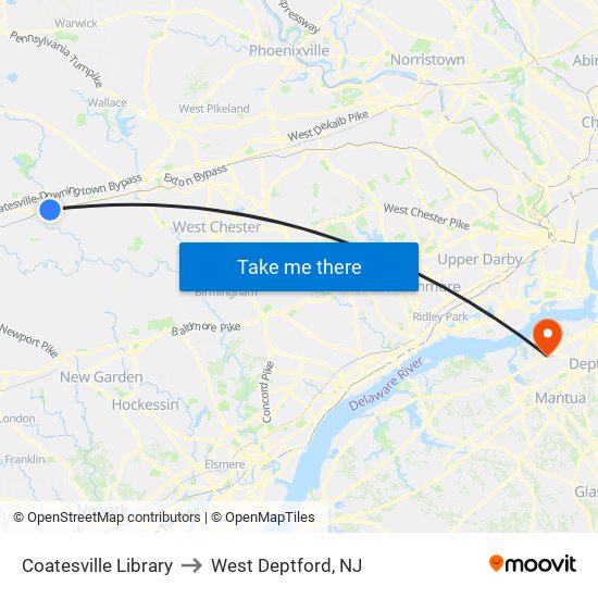 Coatesville Library to West Deptford, NJ map