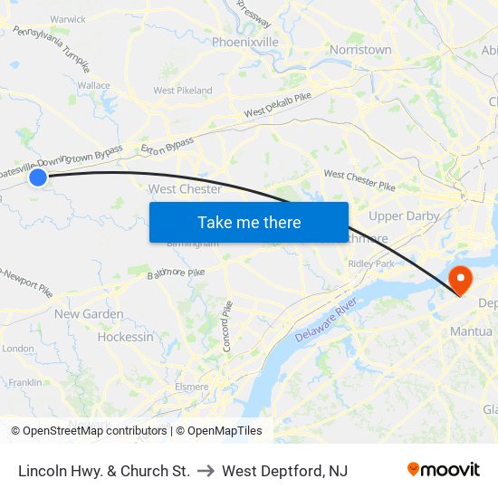 Lincoln Hwy. & Church St. to West Deptford, NJ map