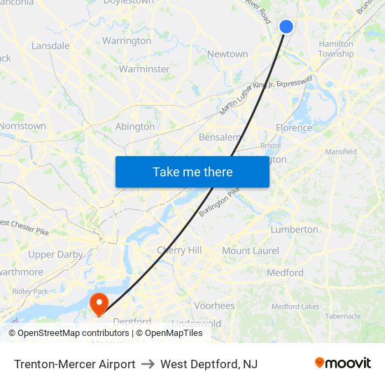 Trenton-Mercer Airport to West Deptford, NJ map