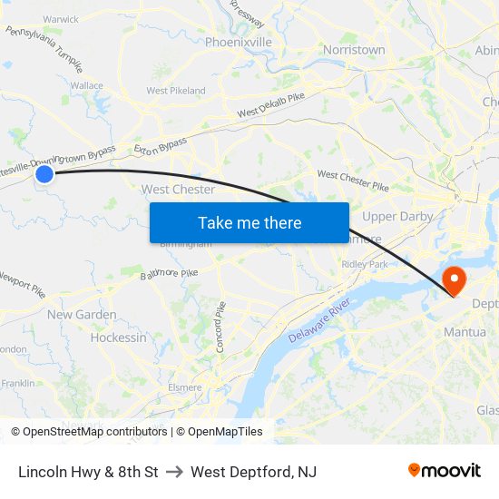 Lincoln Hwy & 8th St to West Deptford, NJ map