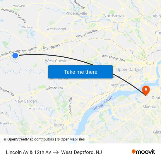 Lincoln Av & 12th Av to West Deptford, NJ map