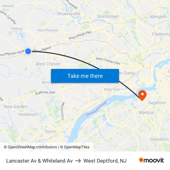 Lancaster Av & Whiteland Av to West Deptford, NJ map