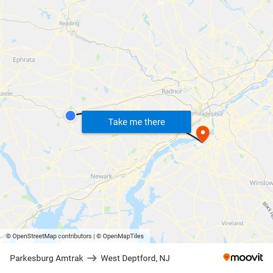 Parkesburg Amtrak to West Deptford, NJ map