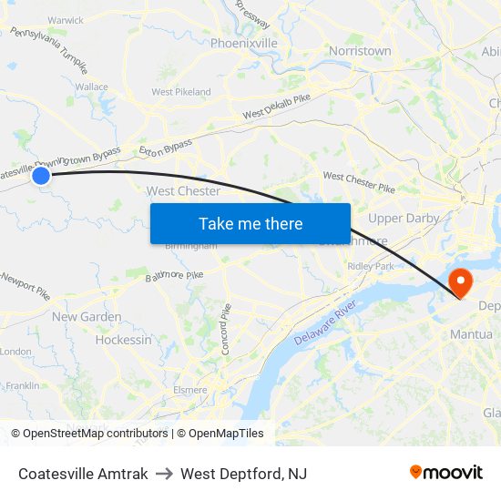 Coatesville Amtrak to West Deptford, NJ map