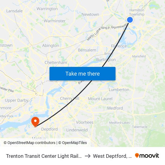 Trenton Transit Center Light Rail Sta to West Deptford, NJ map