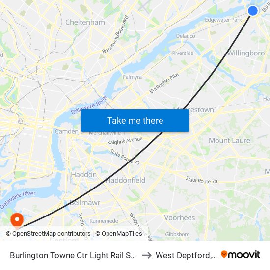 Burlington Towne Ctr Light Rail Station to West Deptford, NJ map