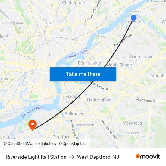 Riverside Light Rail Station to West Deptford, NJ map