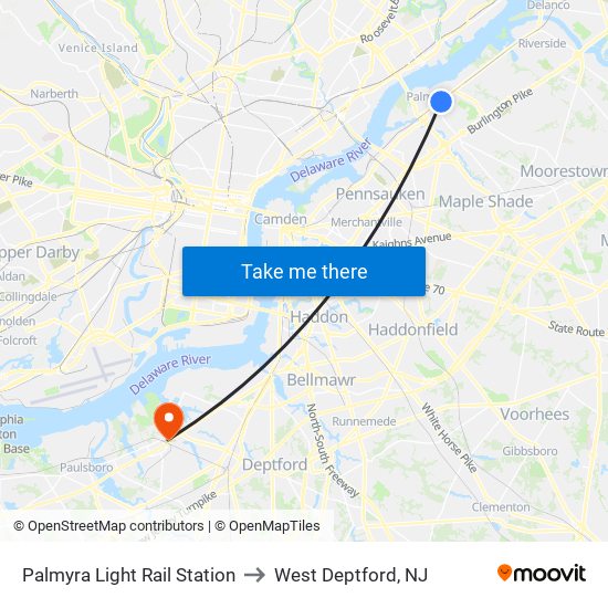 Palmyra Light Rail Station to West Deptford, NJ map