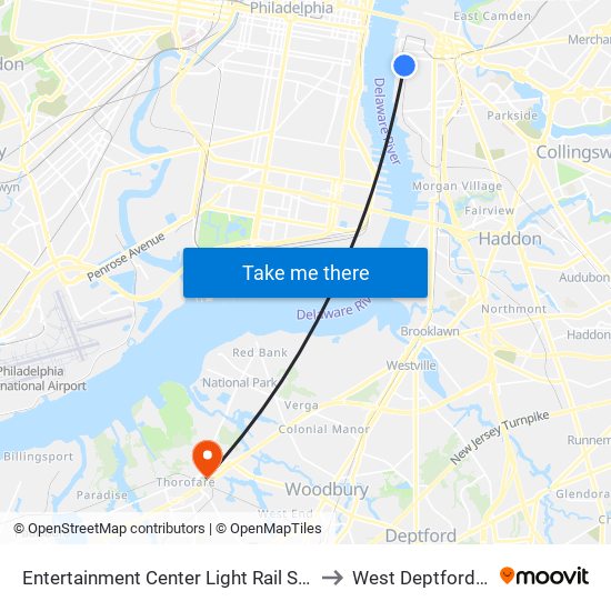 Entertainment Center Light Rail Station to West Deptford, NJ map