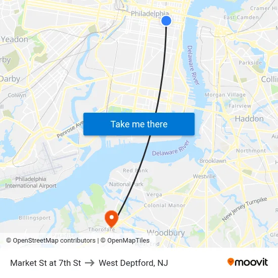 Market St at 7th St to West Deptford, NJ map
