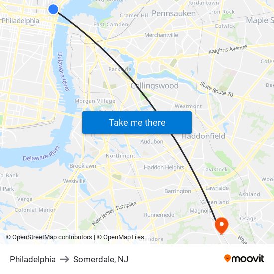 Philadelphia to Somerdale, NJ map
