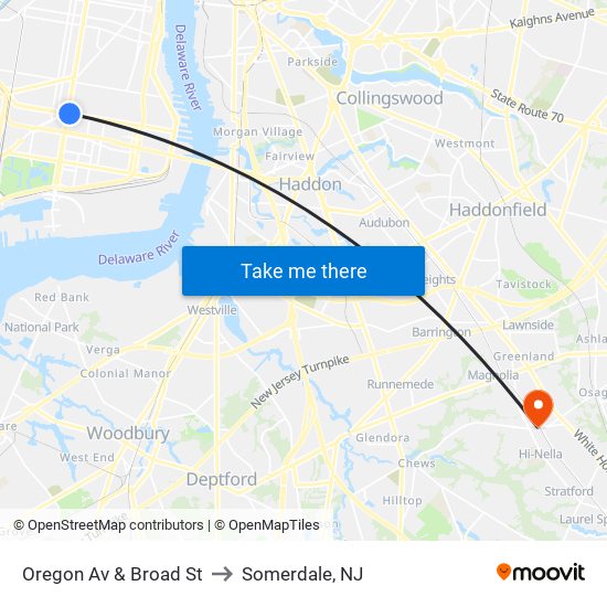 Oregon Av & Broad St to Somerdale, NJ map