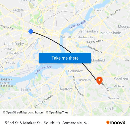 52nd St & Market St - South to Somerdale, NJ map
