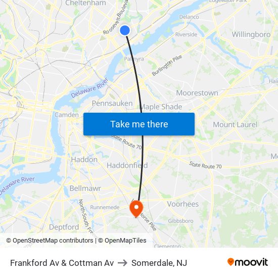 Frankford Av & Cottman Av to Somerdale, NJ map