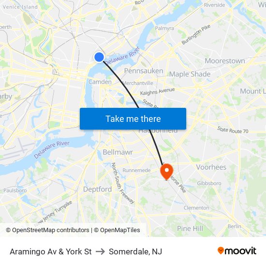 Aramingo Av & York St to Somerdale, NJ map