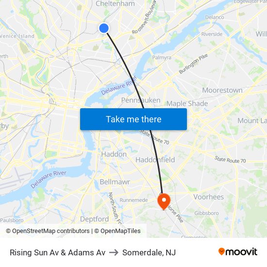 Rising Sun Av & Adams Av to Somerdale, NJ map