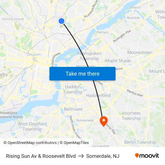 Rising Sun Av & Roosevelt Blvd to Somerdale, NJ map