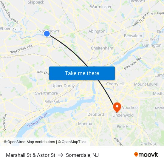 Marshall St & Astor St to Somerdale, NJ map