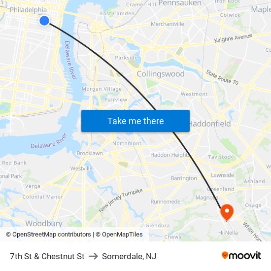 7th St & Chestnut St to Somerdale, NJ map