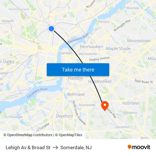 Lehigh Av & Broad St to Somerdale, NJ map