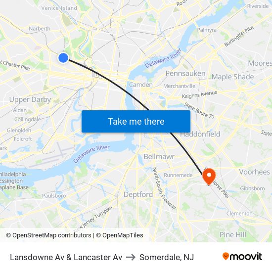 Lansdowne Av & Lancaster Av to Somerdale, NJ map