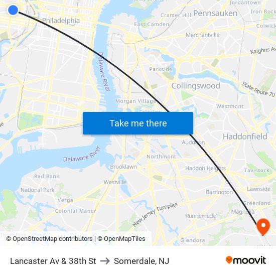 Lancaster Av & 38th St to Somerdale, NJ map