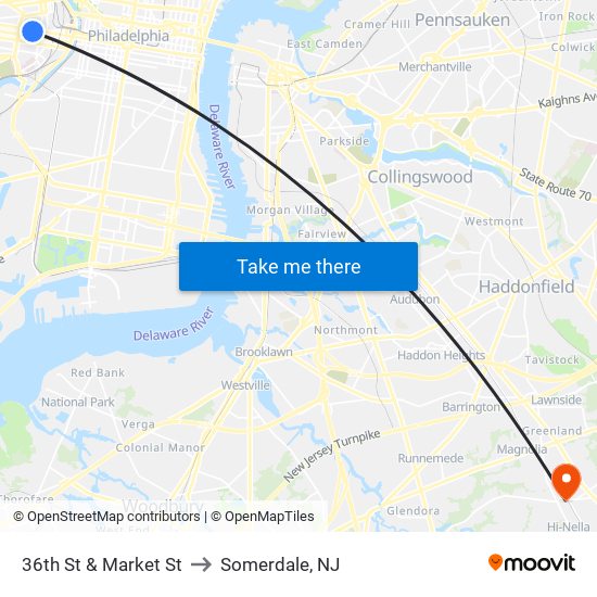 36th St & Market St to Somerdale, NJ map