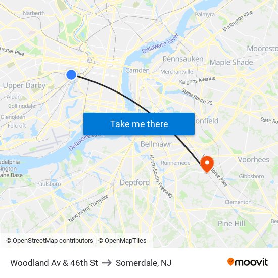 Woodland Av & 46th St to Somerdale, NJ map