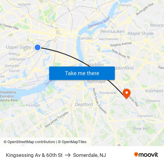 Kingsessing Av & 60th St to Somerdale, NJ map
