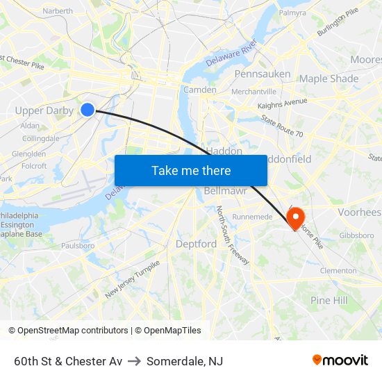 60th St & Chester Av to Somerdale, NJ map