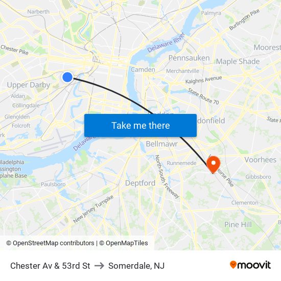Chester Av & 53rd St to Somerdale, NJ map