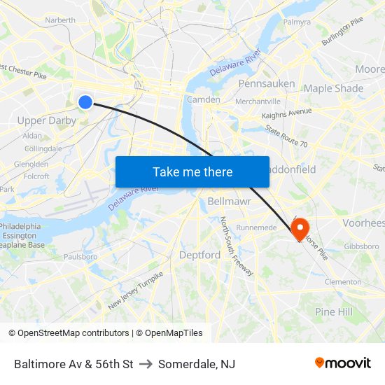 Baltimore Av & 56th St to Somerdale, NJ map