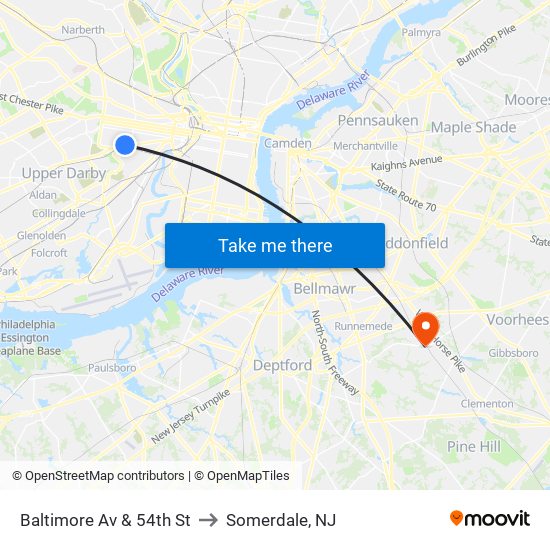 Baltimore Av & 54th St to Somerdale, NJ map